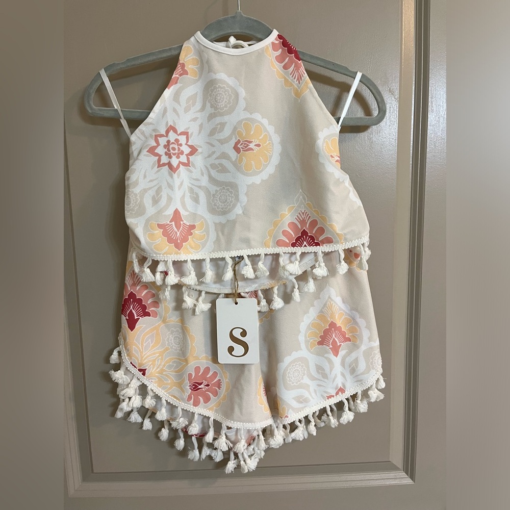 Sabo Skirt Cream Halter Crop Top with Pink & Yellow Floral Print